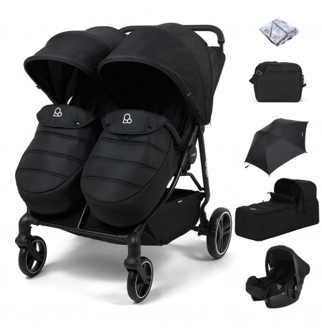 Puggle Urban City Easyfold Twin Pushchair with Footmuffs Beone Car Seat Soft Carrycot Parasol Changing Bag Storm Black The Nursery Store