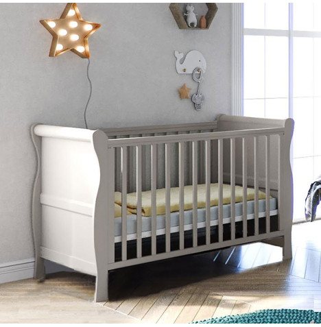 Puggle Alderley Sleigh Cot Bed with Dual Coir Maxi Air Cool Pocket Sprung Cot Bed Mattress Classic Grey The Nursery Store